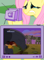 Size: 563x771 | Tagged: safe, fluttershy, elephant, pegasus, pony, african bush elephant, clothes, death, eliza thornberry, exploitable meme, fluttercry, heartbreaking, meme, nickelodeon, obligatory pony, rebecca the elephant, sad, shirt, shorts, the wild thornberrys, tv meme