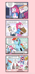 Size: 2826x5933 | Tagged: safe, artist:caibaoreturn, editor:str1ker878, derpy hooves, gummy, madame leflour, pinkie pie, rainbow dash, rocky, comic:pony washing instructions, equestria girls, abuse, cake, clothes, comic, computer, cute, dashabuse, foam finger, food, hat, miniskirt, party, party hat, pleated skirt, plushie, running, running in place, skirt, spanking, sweat, sweatdrop, translation