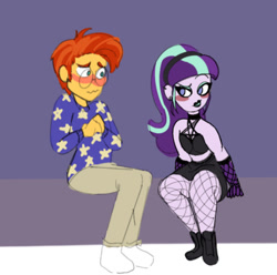 Size: 1134x1127 | Tagged: safe, artist:ponyretirementhome, starlight glimmer, sunburst, equestria girls, blushing, clothes, emo, equestria girls-ified, female, fishnet stockings, goth, looking at each other, male, shipping, starburst, straight, teenage glimmer, teenager