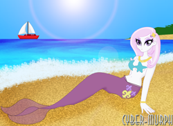 Size: 2758x2013 | Tagged: safe, artist:cyber-murph, derpibooru import, fleur-de-lis, mermaid, equestria girls, beach, belly, belly button, boat, bracelet, breasts, cleavage, cute, jewelry, kissy face, mermaidized, midriff, necklace, pose, signature, species swap, starfish, starfish bra