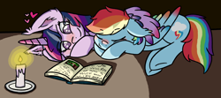 Size: 5000x2223 | Tagged: safe, artist:bluedslite, derpibooru import, rainbow dash, twilight sparkle, twilight sparkle (alicorn), alicorn, pegasus, pony, blushing, book, candle, candlelight, colored wings, cute, dashabetes, female, heart, hug, lesbian, multicolored wings, shipping, sleeping, twidash, wing blanket, winghug