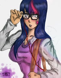 Size: 982x1260 | Tagged: safe, artist:chrisblazedemon, derpibooru import, twilight sparkle, human, breasts, female, glasses, headlight sparkle, humanized, light skin, solo