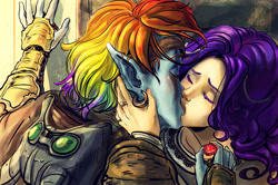 Size: 3484x2315 | Tagged: safe, artist:arainmorn, derpibooru import, rainbow dash, rarity, elf, human, crossover, dark elf, dunmer, dunmeried, ear piercing, earring, female, humanized, imperial, jewelry, kissing, lesbian, piercing, raridash, ruby, shipping, tesiii:mlp, the elder scrolls, woman