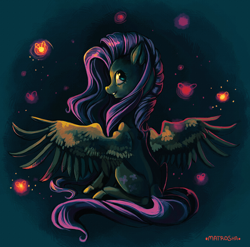 Size: 1164x1151 | Tagged: dead source, safe, artist:matrosha123, fluttershy, firefly (insect), pegasus, pony, looking back, sitting, solo, spread wings