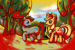 Size: 900x608 | Tagged: safe, artist:contugeo, applejack, oc, earth pony, pony, female, male, mare, stallion