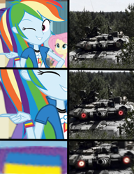 Size: 1000x1300 | Tagged: safe, derpibooru import, edit, edited screencap, screencap, rainbow dash, equestria girls, rainbow rocks, flag, meme, military, one eye closed, op is a separatist, politota, russia, smiling, t-90, tank (vehicle), tank eyes, this will end in death, ukraine, war, wink