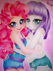 Size: 2736x3648 | Tagged: safe, artist:eljoeydesigns, maud pie, pinkie pie, equestria girls, rainbow rocks, blushing, hug, nail polish