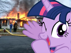 Size: 700x525 | Tagged: safe, derpibooru import, edit, twilight sparkle, twilight sparkle (alicorn), alicorn, pony, disaster girl, disaster mare, female, fire, irl, looking at you, mare, open mouth, photo, ponies in real life, smiling, spoiler alert, wink