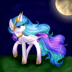 Size: 1024x1024 | Tagged: safe, artist:rubyblossomva, princess celestia, alicorn, pony, crying, mare in the moon, moon, night, solo