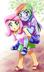 Size: 750x1220 | Tagged: safe, artist:tastyrainbow, derpibooru import, fluttershy, rainbow dash, equestria girls, bandaid, blushing, clothes, cute, feet, female, flutterdash, leaf, lesbian, sandals, shipping, shy, skirt, summer, younger