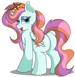 Size: 1280x1329 | Tagged: safe, artist:rainbowtashie, derpibooru import, fleur-de-lis, lightning dust, nurse redheart, sassy saddles, oc, oc:princess healing glory, alicorn, pony, butt, commissioner:bigonionbean, crown, cutie mark, female, flank, fusion, fusion: princess healing glory, hat, jewelry, mare, plot, regalia, simple background, sultry pose, transparent background, writer:bigonionbean