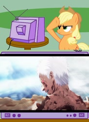 Size: 563x771 | Tagged: safe, applejack, earth pony, pony, death, exploitable meme, feels, meme, naruto, obligatory pony, rainbow dash salutes, salute, tv meme, uchiha obito