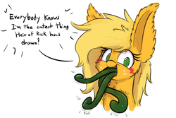 Size: 1280x853 | Tagged: safe, artist:heir-of-rick, derpibooru import, applejack, monster pony, original species, tatzlpony, adoracreepy, creepy, cute, impossibly large ears, looking at you, onomatopoeia, open mouth, salivating, simple background, smiling, solo, sound effects, species swap, tatzljack, tentacle tongue, tentacles
