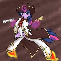 Size: 1000x1000 | Tagged: safe, artist:thattagen, derpibooru import, twilight sparkle, clothes, dual wield, gun, magic, revolver, solo, telekinesis, weapon