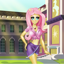 Size: 600x597 | Tagged: safe, artist:kimpossiblelove, fluttershy, equestria girls, clothes, female, pink hair, solo, yellow skin