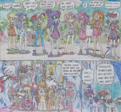 Size: 2482x2288 | Tagged: safe, artist:nephilim rider, applejack, bulk biceps, derpy hooves, flash sentry, fluttershy, lily pad (equestria girls), lyra heartstrings, pinkie pie, rainbow dash, rarity, sandalwood, sci-twi, sunset shimmer, twilight sparkle, twilight sparkle (alicorn), oc, oc:heaven lost, alicorn, unicorn, better together, equestria girls, spring breakdown, background human, clothes, equestria girls ponified, feet, female, geode of fauna, magical geodes, male, nephilim, partial nudity, sandals, topless, traditional art, unicorn sci-twi