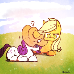 Size: 960x960 | Tagged: safe, artist:gmrqor, applejack, rarity, earth pony, pony, unicorn, accessory swap, blushing, female, hatless, lesbian, missing accessory, prone, rarijack, shipping