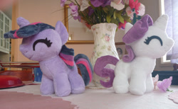 Size: 963x593 | Tagged: safe, artist:chibitigre, derpibooru import, rarity, twilight sparkle, filly, irl, photo, plushie, younger