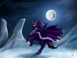 Size: 1300x975 | Tagged: safe, artist:nightshroud, derpibooru import, king sombra, pony, unicorn, glowing eyes, moon, open mouth, rearing, smiling, solo