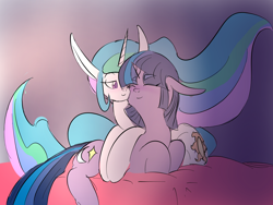 Size: 2048x1536 | Tagged: safe, artist:marvelousqueen, princess celestia, twilight twinkle, alicorn, pony, bed, female, lesbian, shipping, twinklelestia