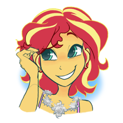 Size: 1280x1280 | Tagged: safe, artist:bcpony, sunset shimmer, human, equestria girls, alternate hairstyle, brushing hair behind ear, bust, clothes, cute, dress, female, jewelry, necklace, portrait, shimmerbetes, smiling, solo