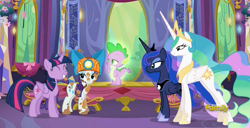 Size: 1304x670 | Tagged: safe, screencap, princess celestia, princess luna, rarity, spike, twilight sparkle, twilight sparkle (alicorn), alicorn, dragon, pony, unicorn, gauntlet of fire, bow, discovery family logo, done with your shit, eyes closed, female, frown, glow, grin, helmet, mare, mining helmet, royal sisters, smiling, squee, tired of your shit, unamused