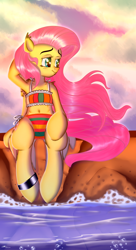 Size: 2234x4098 | Tagged: safe, fluttershy, pegasus, pony, semi-anthro, armpits, belly button, bikini, clothes, solo, swimsuit