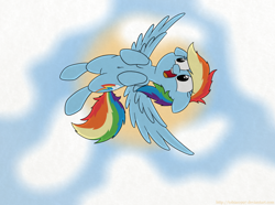 Size: 1024x763 | Tagged: safe, artist:fakskis, derpibooru import, rainbow dash, pegasus, pony, belly button, cute, female, floppy ears, flying, mare, sky, solo