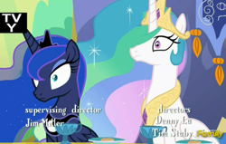 Size: 540x344 | Tagged: safe, screencap, princess celestia, princess luna, gauntlet of fire, credits, cropped, discovery family logo, shrunken pupils, tv-y