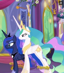 Size: 567x646 | Tagged: safe, screencap, princess celestia, princess luna, alicorn, pony, gauntlet of fire, cropped, deadpan, discovery family logo, unamused