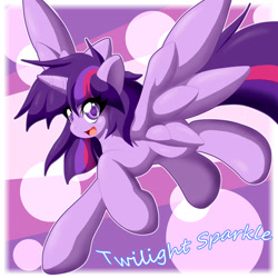 Size: 1000x1000 | Tagged: safe, artist:ragurimo, derpibooru import, twilight sparkle, twilight sparkle (alicorn), alicorn, pony, female, flying, mare, pixiv, solo