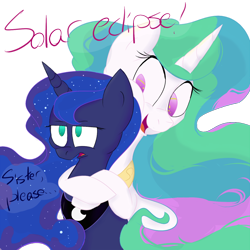 Size: 1200x1200 | Tagged: safe, artist:friendlyraccoon, princess celestia, princess luna, alicorn, pony, eclipse, hug, luna is not amused, royal sisters