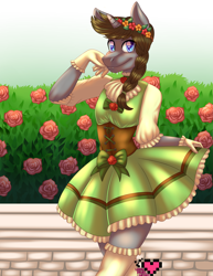 Size: 2975x3850 | Tagged: safe, artist:ladypixelheart, oc, oc:disty, anthro, unicorn, bow, braid, clothes, crossdressing, dress, floral head wreath, flower, lolita fashion, male, ribbon, rose, solo, stockings, thigh highs