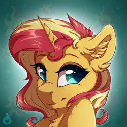 Size: 1500x1500 | Tagged: safe, artist:serenity, sunset shimmer, pony, unicorn, bust, cute, ear fluff, female, floppy ears, horn, looking at you, mare, smiling, solo