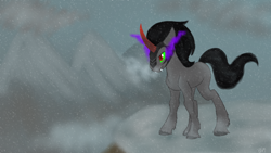 Size: 1920x1080 | Tagged: safe, artist:bluebrush09, derpibooru import, king sombra, pony, unicorn, antagonist, dark magic, magic, snow, snowfall, solo, sombra eyes, unshorn fetlocks, winter