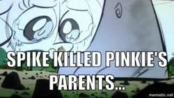 Size: 501x282 | Tagged: safe, pinkie pie, spike, dragon, earth pony, pony, the cutie map, animatic, image macro, meme, sad