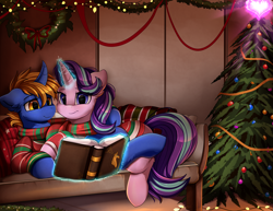 Size: 3300x2550 | Tagged: safe, artist:pridark, starlight glimmer, oc, oc:rising dusk, pony, unicorn, book, canon x oc, christmas, christmas lights, christmas tree, clothes, commission, female, holiday, levitation, magic, male, reading, scarf, smiling, telekinesis, tree, wreath