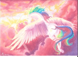 Size: 3507x2550 | Tagged: safe, artist:linkenparklove, princess celestia, alicorn, pony, crepuscular rays, flying, magic, plot, realistic, solo, sunrise, traditional art