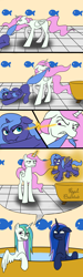 Size: 2000x6700 | Tagged: safe, artist:riracreations, princess celestia, princess luna, alicorn, pony, bath, bathtub, celestia is not amused, comic, cute, dragging, female, filly, floppy ears, forced bathing, frown, luna is not amused, magic, pink-mane celestia, royal sisters, sisters, tail, tail pull, telekinesis, unamused, varying degrees of want, wet mane, woona, young celestia, younger