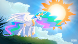 Size: 1600x900 | Tagged: safe, artist:seanica, princess celestia, alicorn, pony, cloud, crepuscular rays, eyes closed, raised hoof, solo, spread wings, sun