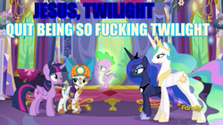 Size: 723x407 | Tagged: safe, screencap, princess celestia, princess luna, rarity, spike, twilight sparkle, twilight sparkle (alicorn), alicorn, dragon, pony, unicorn, gauntlet of fire, dirt, dirty, discovery family logo, glow, helmet, image macro, meme, mining helmet, royal sisters, shaped like itself, text, unamused, vulgar