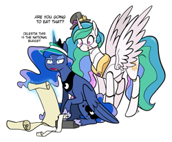 Size: 1041x863 | Tagged: safe, artist:egophiliac, princess celestia, princess luna, alicorn, pony, robot, dialogue, glowing horn, hat, kitchen eyes, licking, licking lips, magic, robolestia, royal sisters, simple background, telekinesis, tongue out, top hat, transparent background, visor