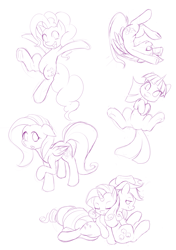 Size: 1229x1750 | Tagged: safe, artist:dstears, derpibooru import, applejack, fluttershy, pinkie pie, rainbow dash, rarity, twilight sparkle, earth pony, pegasus, pony, unicorn, female, lesbian, mane six, monochrome, rarijack, shipping, sketch