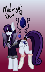 Size: 458x731 | Tagged: safe, artist:eppyminecart, oc, oc only, oc:midnight dew (ice1517), earth pony, pony, clothes, collar, female, goth, gradient background, icey-verse, jacket, jewelry, magical lesbian spawn, mare, offspring, parent:inky rose, parent:moonlight raven, parents:inkyraven, socks, solo, spiked wristband, stockings, thigh highs, wristband