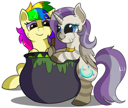 Size: 970x824 | Tagged: safe, artist:rainbowtashie, fluttershy, rarity, starlight glimmer, zecora, oc, oc:princess mythic majestic, oc:rainbow tashie, alicorn, pony, alicorn oc, alicorn princess, cauldron, commissioner:bigonionbean, female, fusion, fusion:princess mythic majestic, magic, mare, writer:bigonionbean