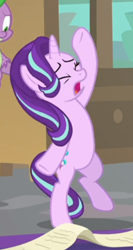 Size: 298x560 | Tagged: safe, screencap, spike, starlight glimmer, dragon, pony, unicorn, the beginning of the end, bipedal, cropped, eyes closed, female, male, mare, offscreen character, open mouth, raised hoof, solo focus, standing, standing on one leg