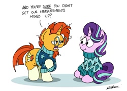 Size: 1024x739 | Tagged: safe, artist:bobthedalek, starlight glimmer, sunburst, pony, unicorn, :i, backwards cutie mark, clothes, female, looking at each other, male, mare, open mouth, scrunchy face, sitting, stallion, sunburst is not amused, sweater, unamused