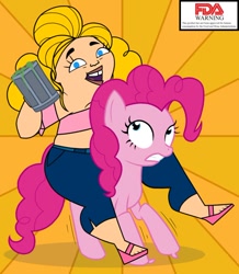 Size: 832x953 | Tagged: safe, artist:ohohokapi, pinkie pie, earth pony, pony, alcohol, beer, crossover, juggy chunks, riding, sunburst background, total drama island