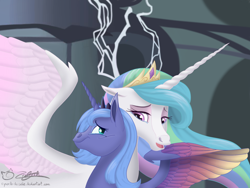 Size: 2048x1536 | Tagged: safe, artist:perle-de-suie, princess celestia, princess luna, alicorn, pony, friendship is magic, colored wings, duo, female, hoers, mare, multicolored wings, royal sisters, s1 luna, scene interpretation, siblings, sisters