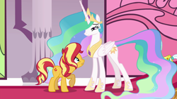 Size: 1920x1080 | Tagged: safe, screencap, princess celestia, sunset shimmer, alicorn, pony, unicorn, equestria girls, equestria girls series, forgotten friendship, begging, carpet, fear, female, forgiveness, mare, reconciliation, red carpet, remorse, reunion, smiling, stained glass, the prodigal sunset, throne room